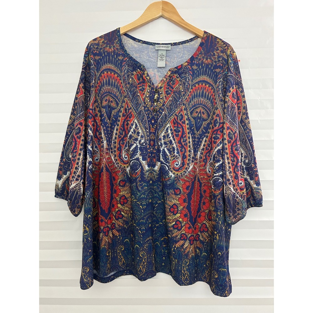 Catherines Women 1X 18/20W Paisley Henley Boho Top Blue Red Studded 3/4 Sleeve